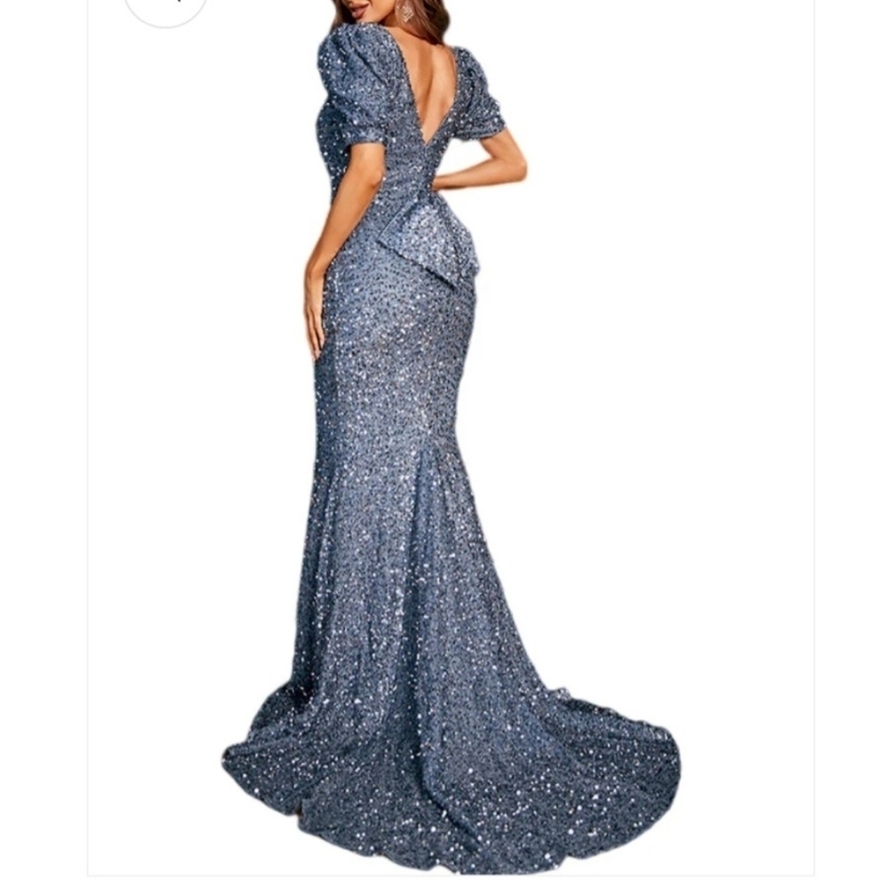 Dusty Blue, Puff Sleeve,  Big Bow, Contrast Sequined and Mesh Mermaid Gown - Picture 11 of 14